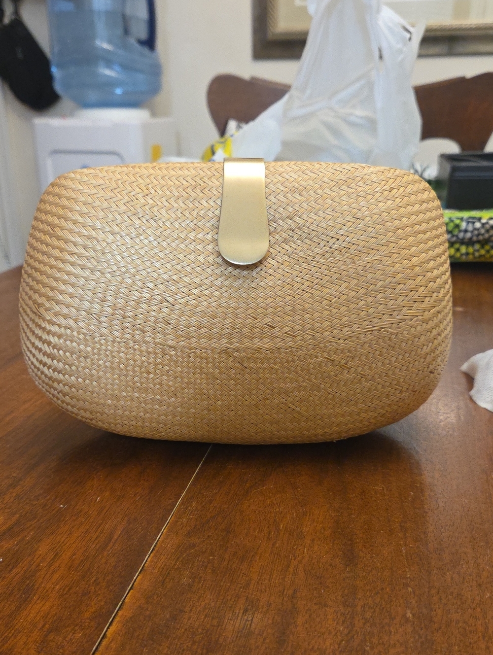 Woven Wicker Clutch in Tan with Gold Accent. Kidney Shaped.